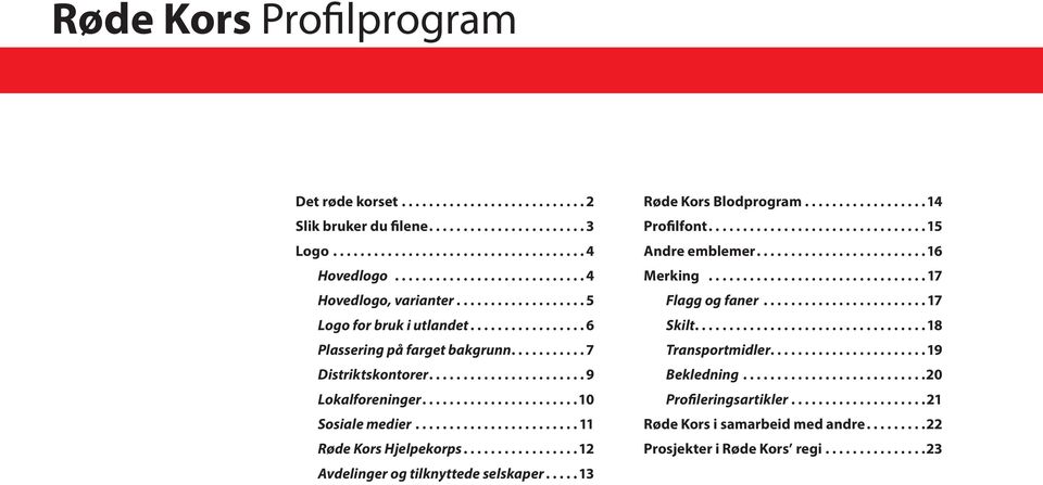 .. 12 Avdelinger og tilknyttede selskaper... 13 Røde Kors Blodprogram..................14 Profilfont... 15 Andre emblemer... 16 Merking.