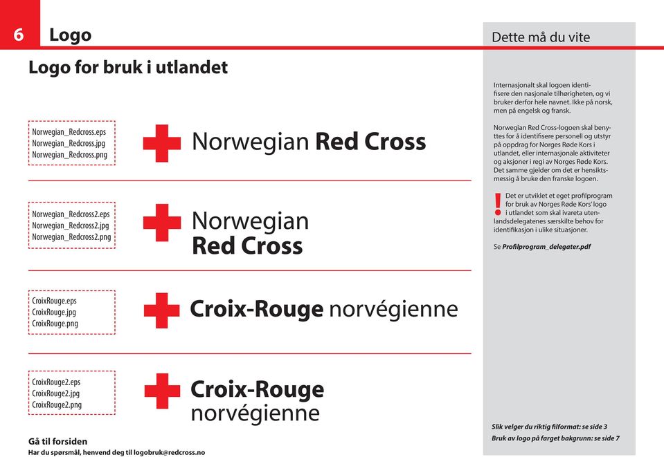 Norwegian Red Cross-logoen skal benyttes for å identifisere personell og utstyr på oppdrag for Norges Røde Kors i utlandet, eller internasjonale aktiviteter og aksjoner i regi av Norges Røde Kors.