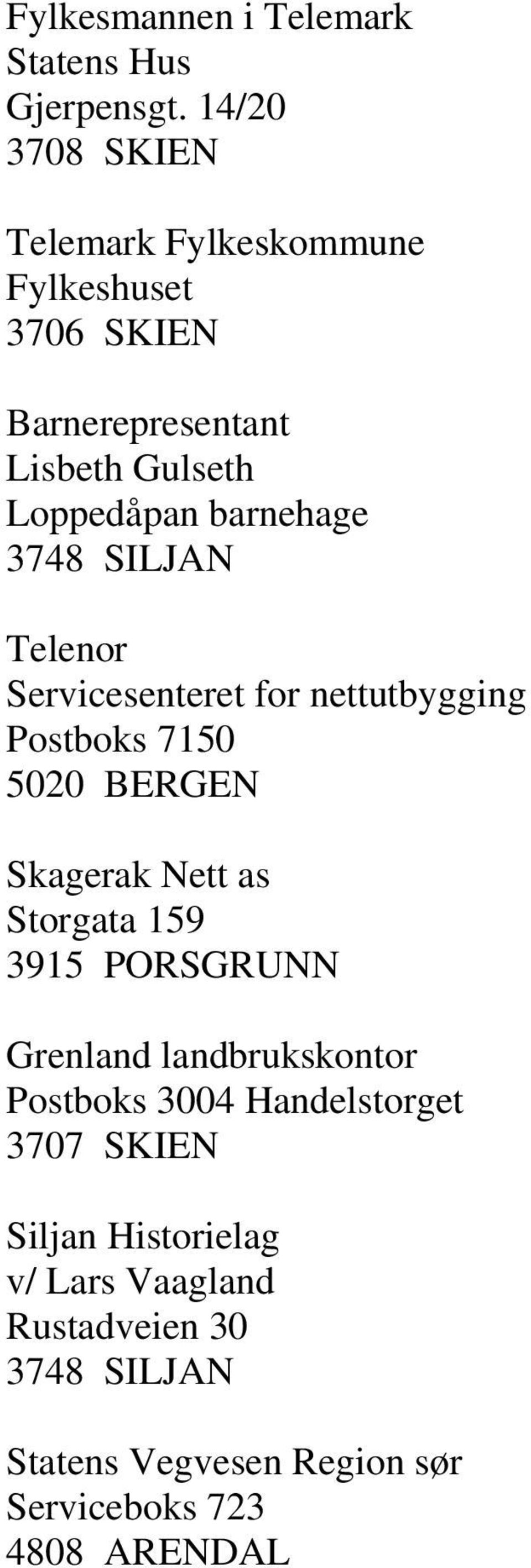 3748 SILJAN Telenor Servicesenteret for nettutbygging Postboks 7150 5020 BERGEN Skagerak Nett as Storgata 159 3915