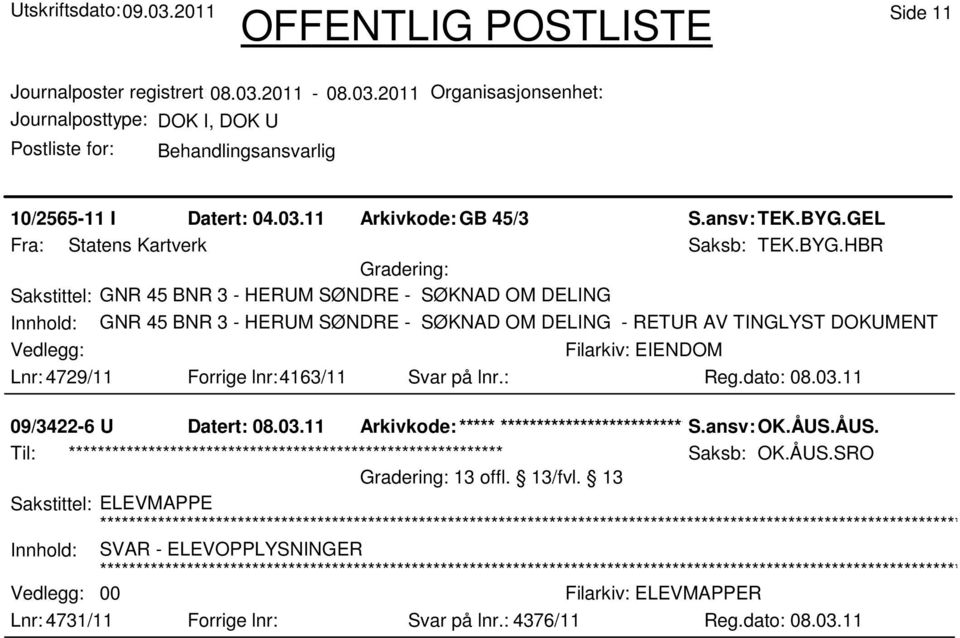 HBR Sakstittel: GNR 45 BNR 3 - HERUM SØNDRE - SØKNAD OM DELING Innhold: GNR 45 BNR 3 - HERUM SØNDRE - SØKNAD OM DELING - RETUR AV TINGLYST