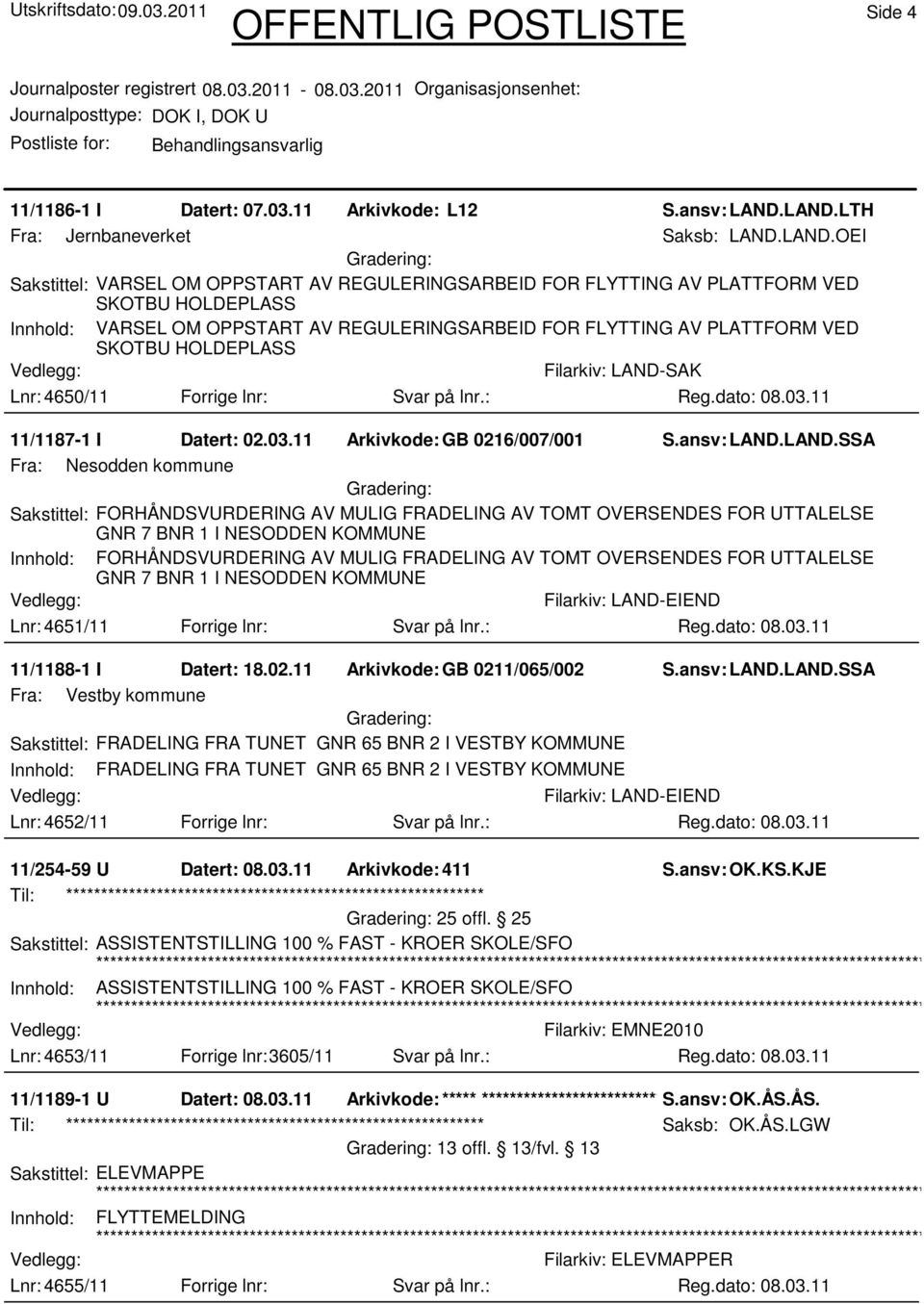 FOR FLYTTING AV PLATTFORM VED SKOTBU HOLDEPLASS Lnr: 4650/11 Forrige lnr: Svar på lnr.: Filarkiv: LAND-