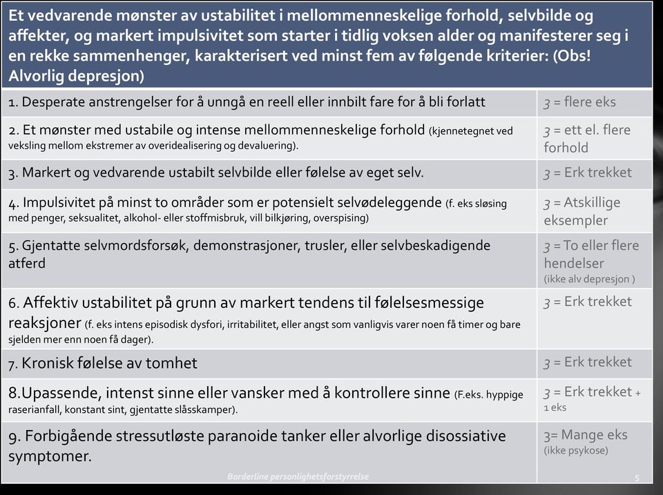 Et mønster med ustabile og intense mellommenneskelige forhold (kjennetegnet ved veksling mellom ekstremer av overidealisering og devaluering). 3 = ett el. flere forhold 3.