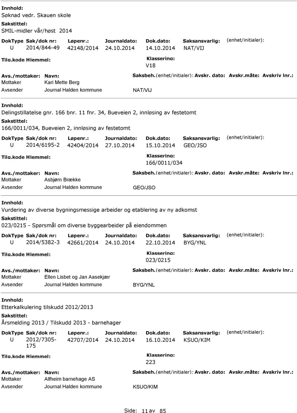 2014 GO/JSO 166/0011/034 Avs./mottaker: Navn: Saksbeh. Avskr. dato: Avskr.måte: Avskriv lnr.