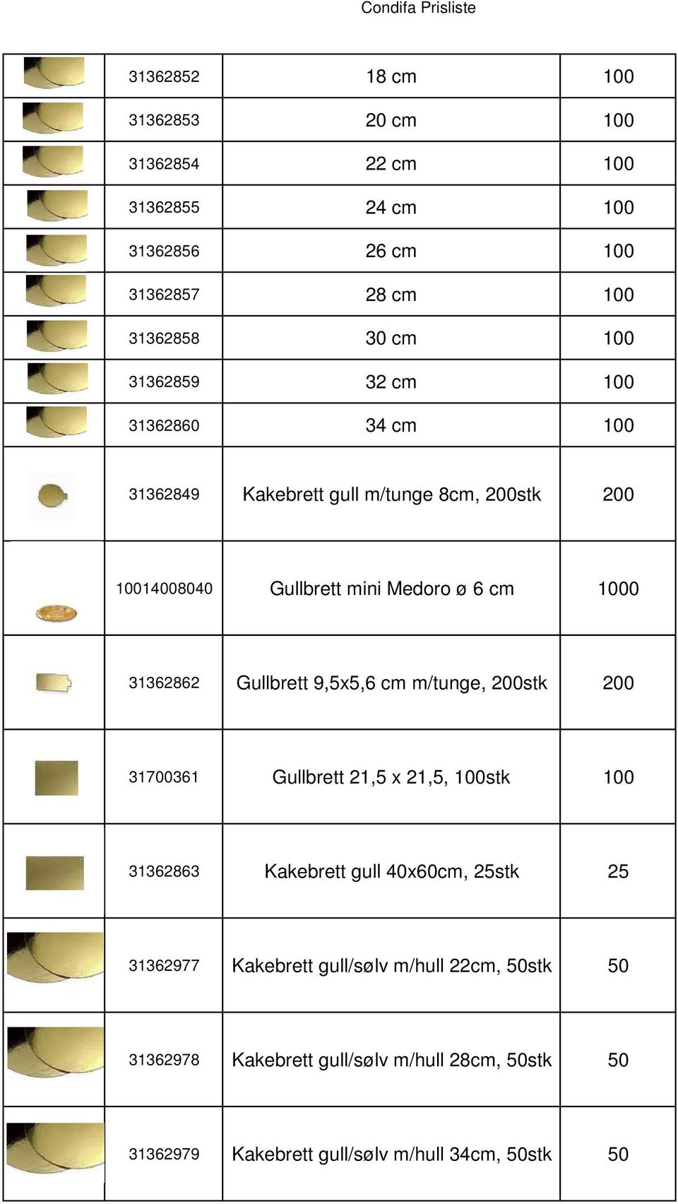 9,5x5,6 cm m/tunge, 200stk 200 370036 Gullbrett 2,5 x 2,5, 00stk 00 3362863 Kakebrett gull 40x60cm, 25stk 25 3362977 Kakebrett