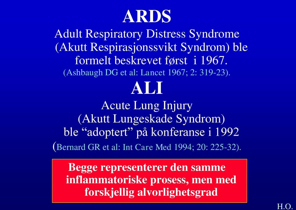 ALI Acute Lung Injury (Akutt Lungeskade Syndrom) ble adoptert på konferanse i 1992 (Bernard GR