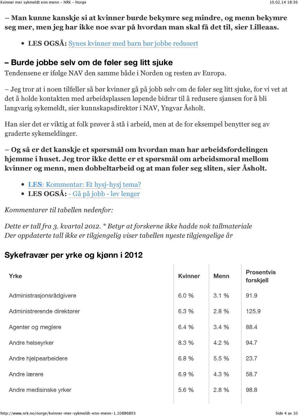 Jeg tror at i noen tilfeller så bør kvinner gå på jobb selv om de føler seg litt sjuke, for vi vet at det å holde kontakten med arbeidsplassen løpende bidrar til å redusere sjansen for å bli