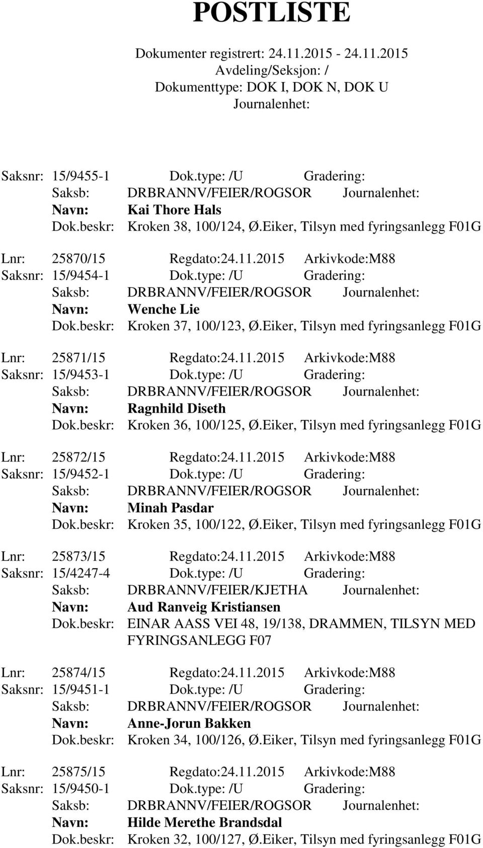 2015 Arkivkode:M88 Saksnr: 15/9453-1 Dok.type: /U Gradering: Navn: Ragnhild Diseth Dok.beskr: Kroken 36, 100/125, Ø.Eiker, Tilsyn med fyringsanlegg F01G Lnr: 25872/15 Regdato:24.11.