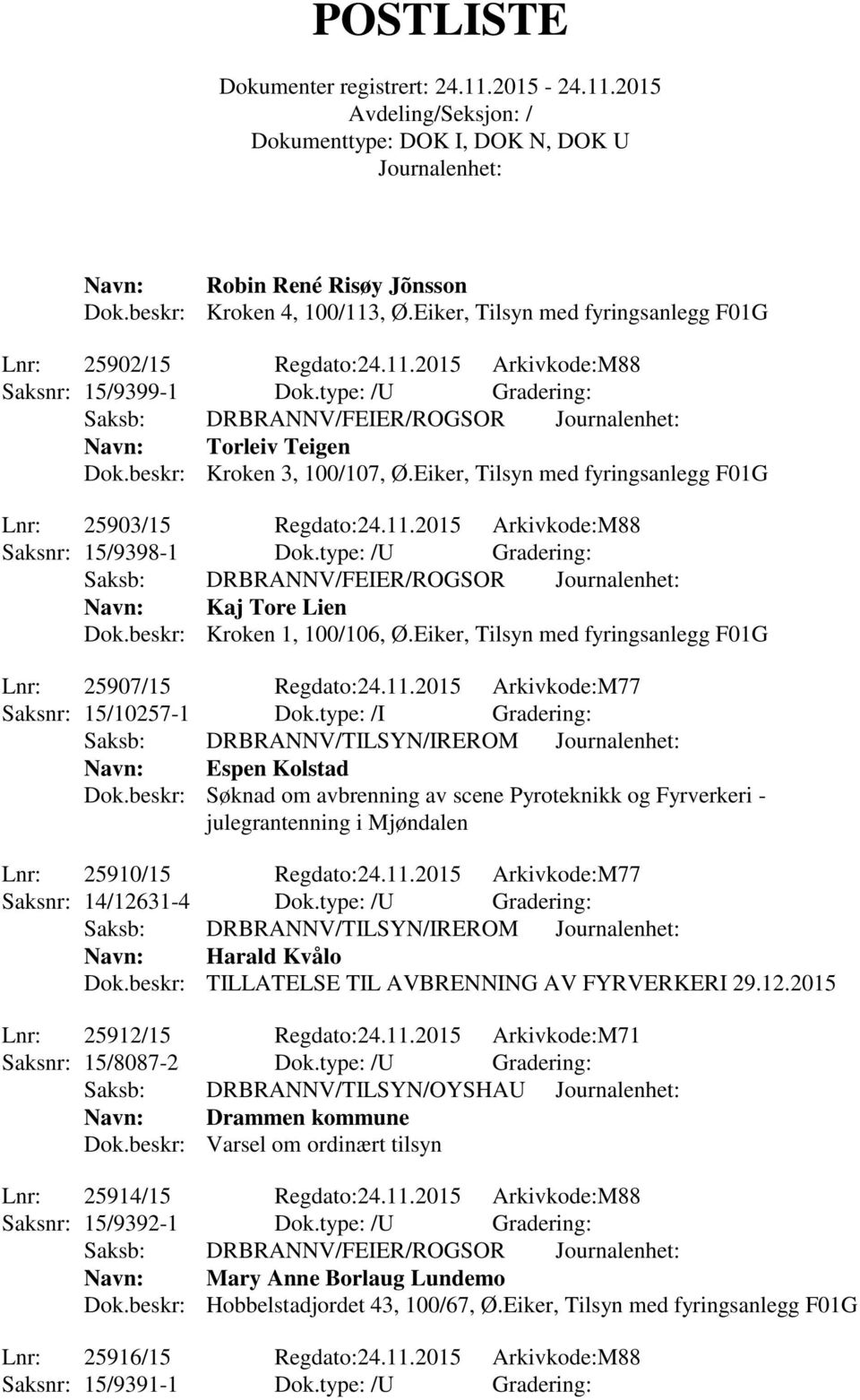 type: /U Gradering: Navn: Kaj Tore Lien Dok.beskr: Kroken 1, 100/106, Ø.Eiker, Tilsyn med fyringsanlegg F01G Lnr: 25907/15 Regdato:24.11.2015 Arkivkode:M77 Saksnr: 15/10257-1 Dok.