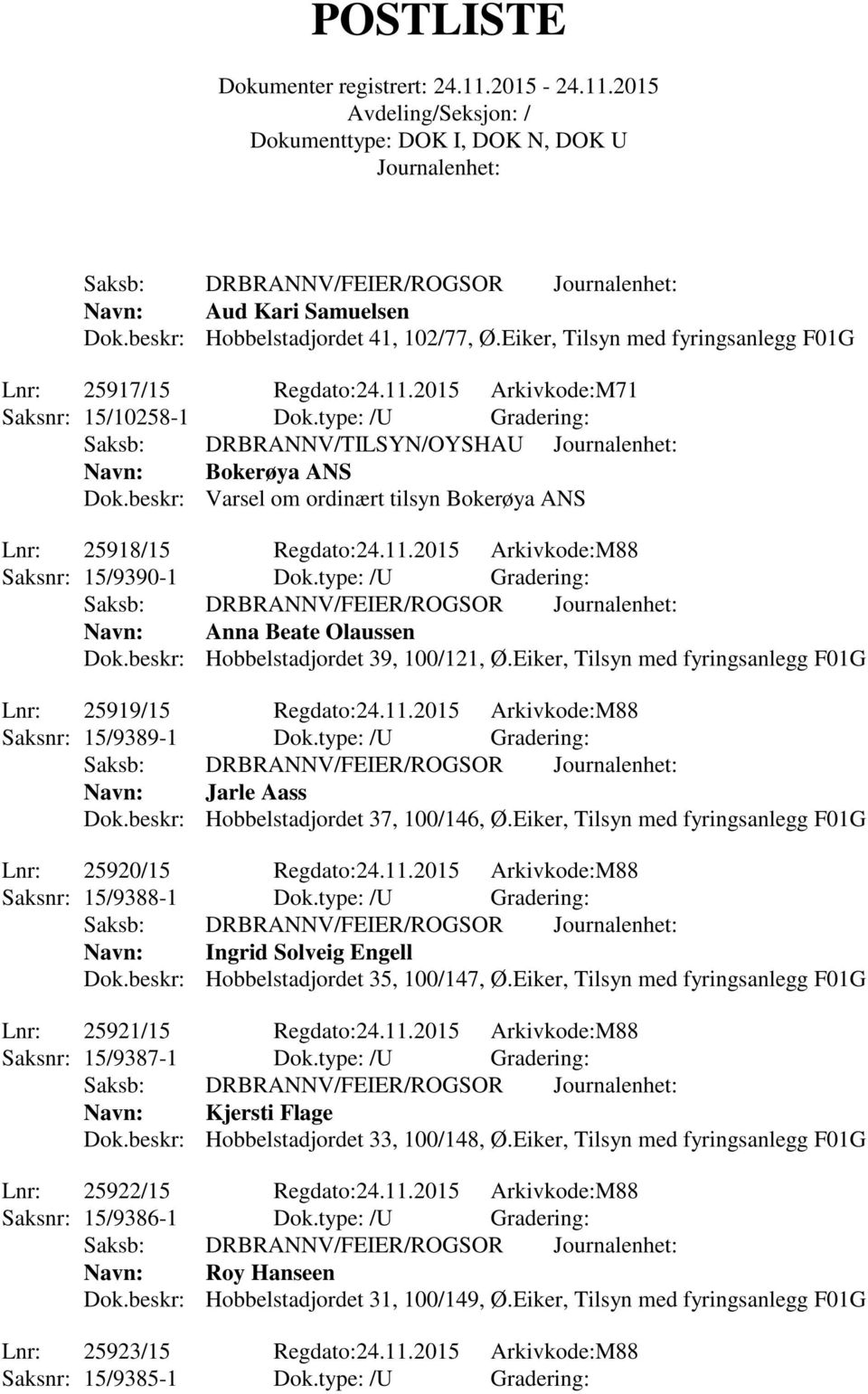 type: /U Gradering: Navn: Anna Beate Olaussen Dok.beskr: Hobbelstadjordet 39, 100/121, Ø.Eiker, Tilsyn med fyringsanlegg F01G Lnr: 25919/15 Regdato:24.11.2015 Arkivkode:M88 Saksnr: 15/9389-1 Dok.