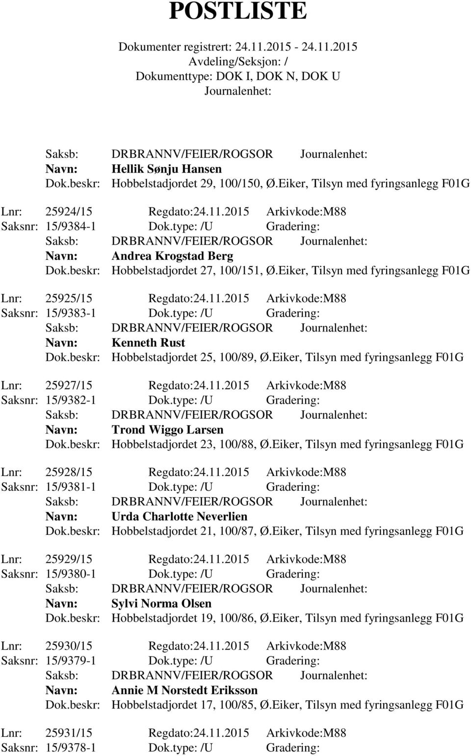 type: /U Gradering: Navn: Kenneth Rust Dok.beskr: Hobbelstadjordet 25, 100/89, Ø.Eiker, Tilsyn med fyringsanlegg F01G Lnr: 25927/15 Regdato:24.11.2015 Arkivkode:M88 Saksnr: 15/9382-1 Dok.