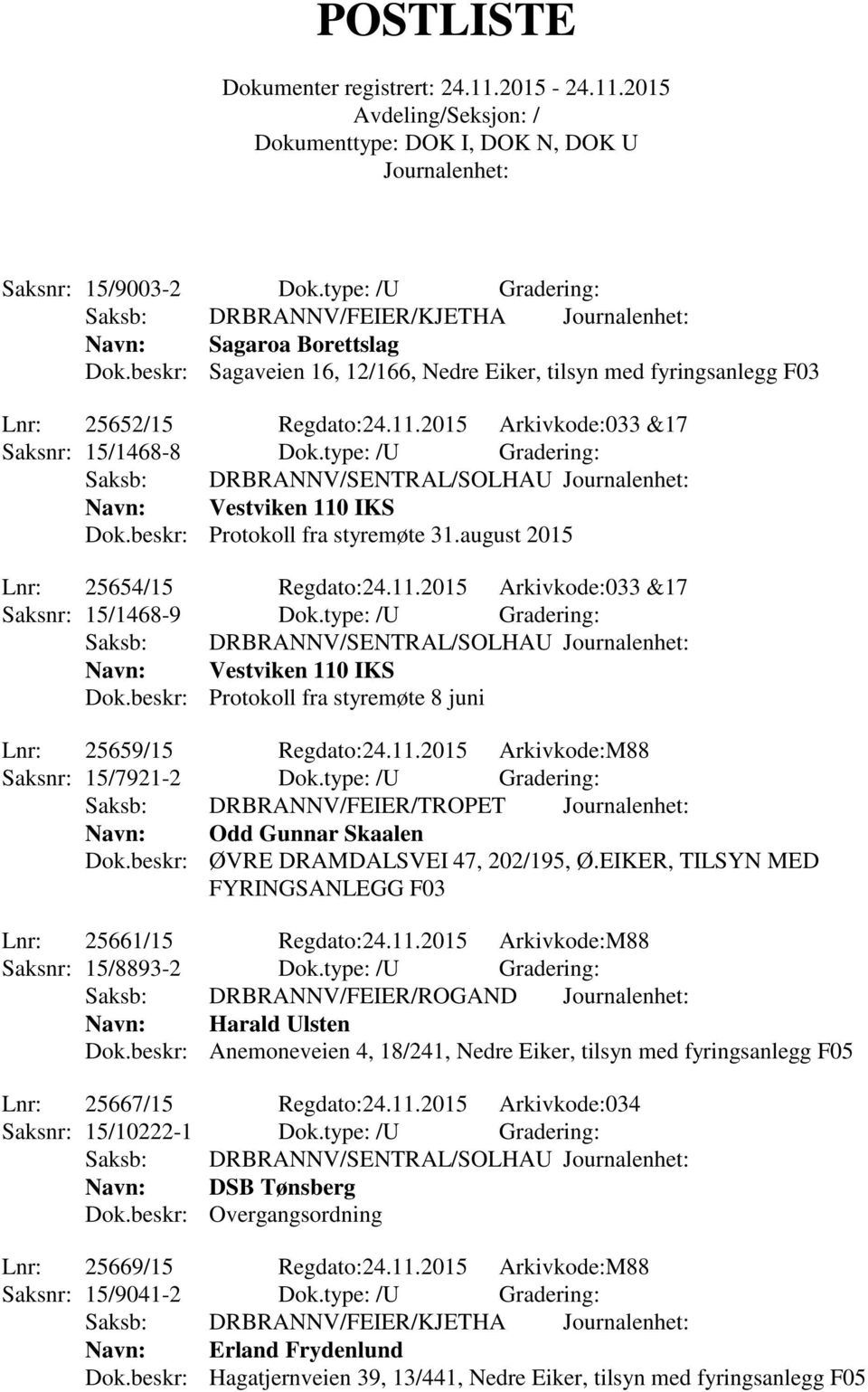 type: /U Gradering: Saksb: DRBRANNV/SENTRAL/SOLHAU Navn: Vestviken 110 IKS Dok.beskr: Protokoll fra styremøte 8 juni Lnr: 25659/15 Regdato:24.11.2015 Arkivkode:M88 Saksnr: 15/7921-2 Dok.