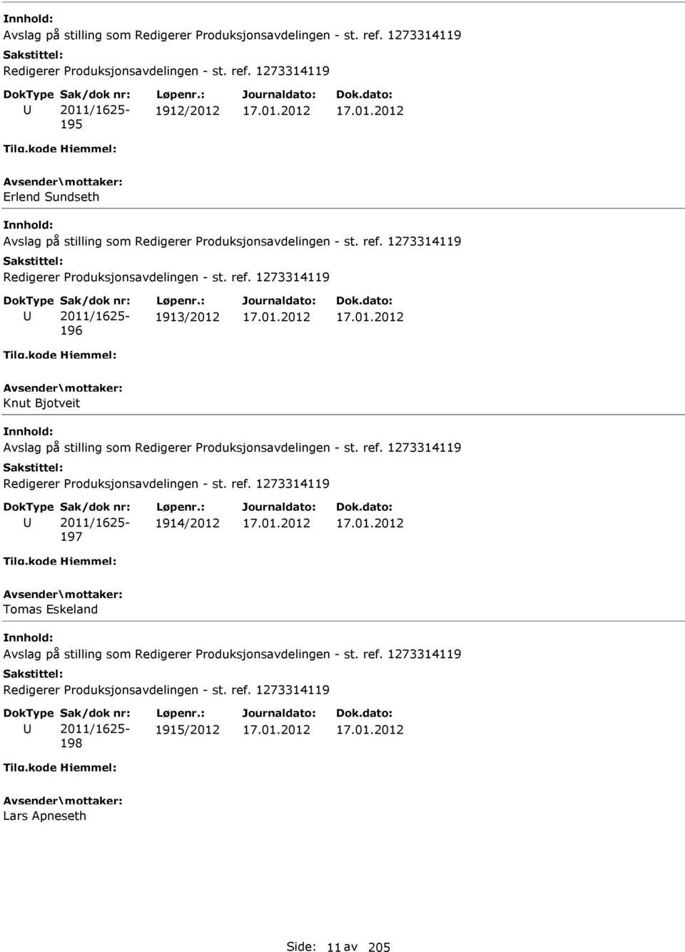 ref. 1273314119 2011/1625-197 1914/2012 Tomas Eskeland  1273314119 Redigerer Produksjonsavdelingen - st. ref.