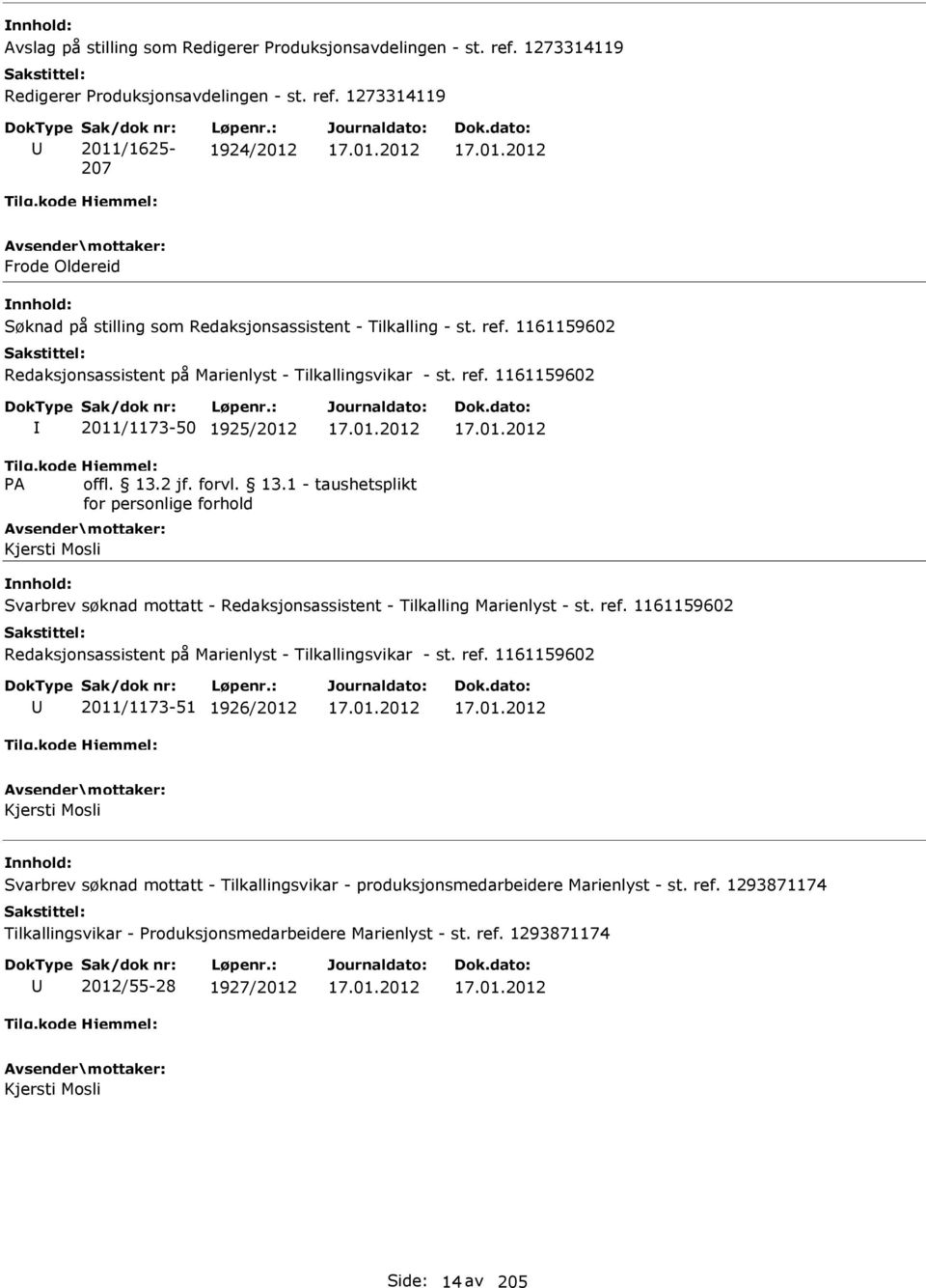 1161159602 2011/1173-50 1925/2012 Kjersti Mosli Svarbrev søknad mottatt - Redaksjonsassistent - Tilkalling Marienlyst - st.