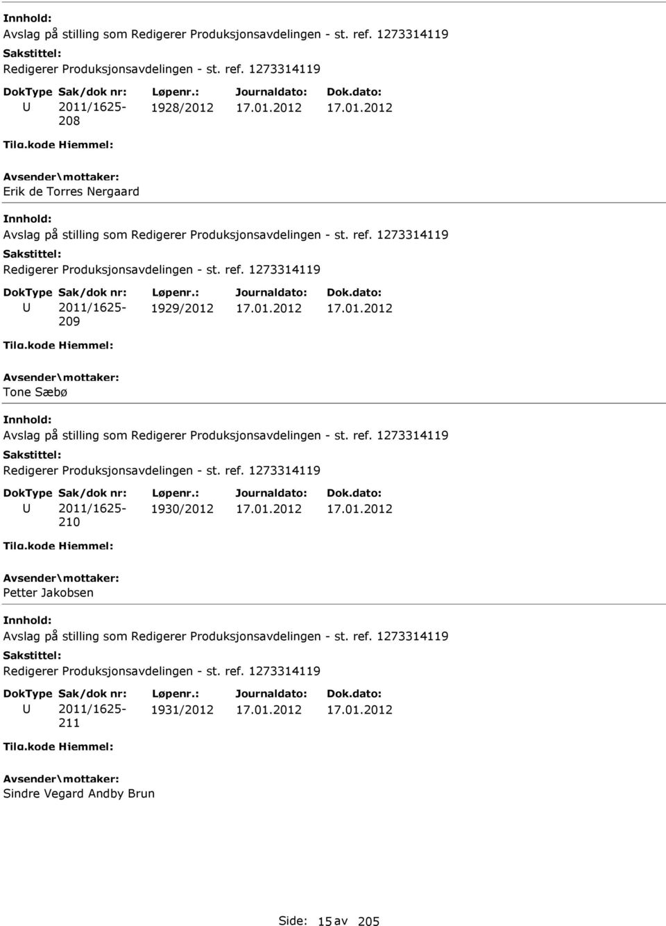 ref. 1273314119 2011/1625-210 1930/2012 Petter Jakobsen  1273314119 Redigerer Produksjonsavdelingen - st. ref.