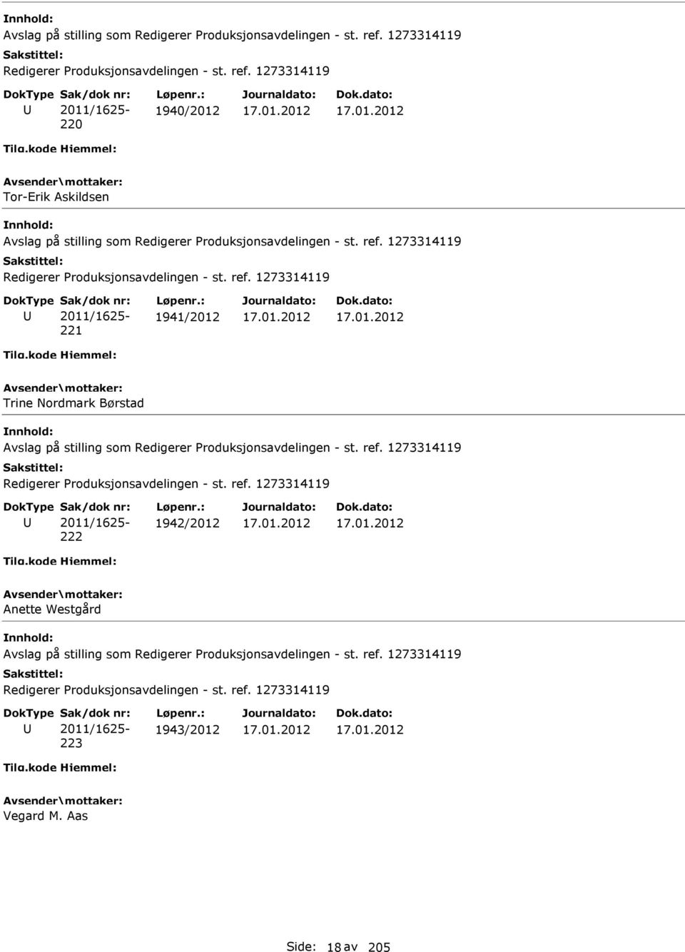 ref. 1273314119 2011/1625-222 1942/2012 Anette Westgård  1273314119 Redigerer Produksjonsavdelingen - st. ref. 1273314119 2011/1625-223 1943/2012 Vegard M. Aas Side: 18 av 205