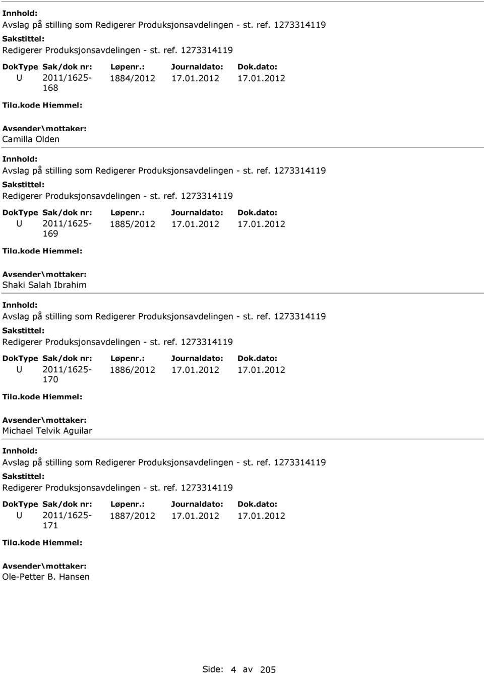 ref. 1273314119 Redigerer Produksjonsavdelingen - st. ref. 1273314119 2011/1625-171 1887/2012 Ole-Petter B. Hansen Side: 4 av 205