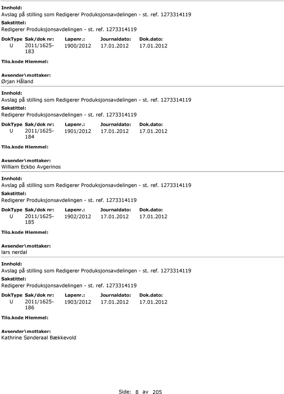 ref. 1273314119 Redigerer Produksjonsavdelingen - st. ref. 1273314119 2011/1625-185 1902/2012 lars nerdal Avslag på stilling som Redigerer Produksjonsavdelingen - st. ref. 1273314119 Redigerer Produksjonsavdelingen - st. ref. 1273314119 2011/1625-186 1903/2012 Kathrine Sønderaal Bækkevold Side: 8 av 205