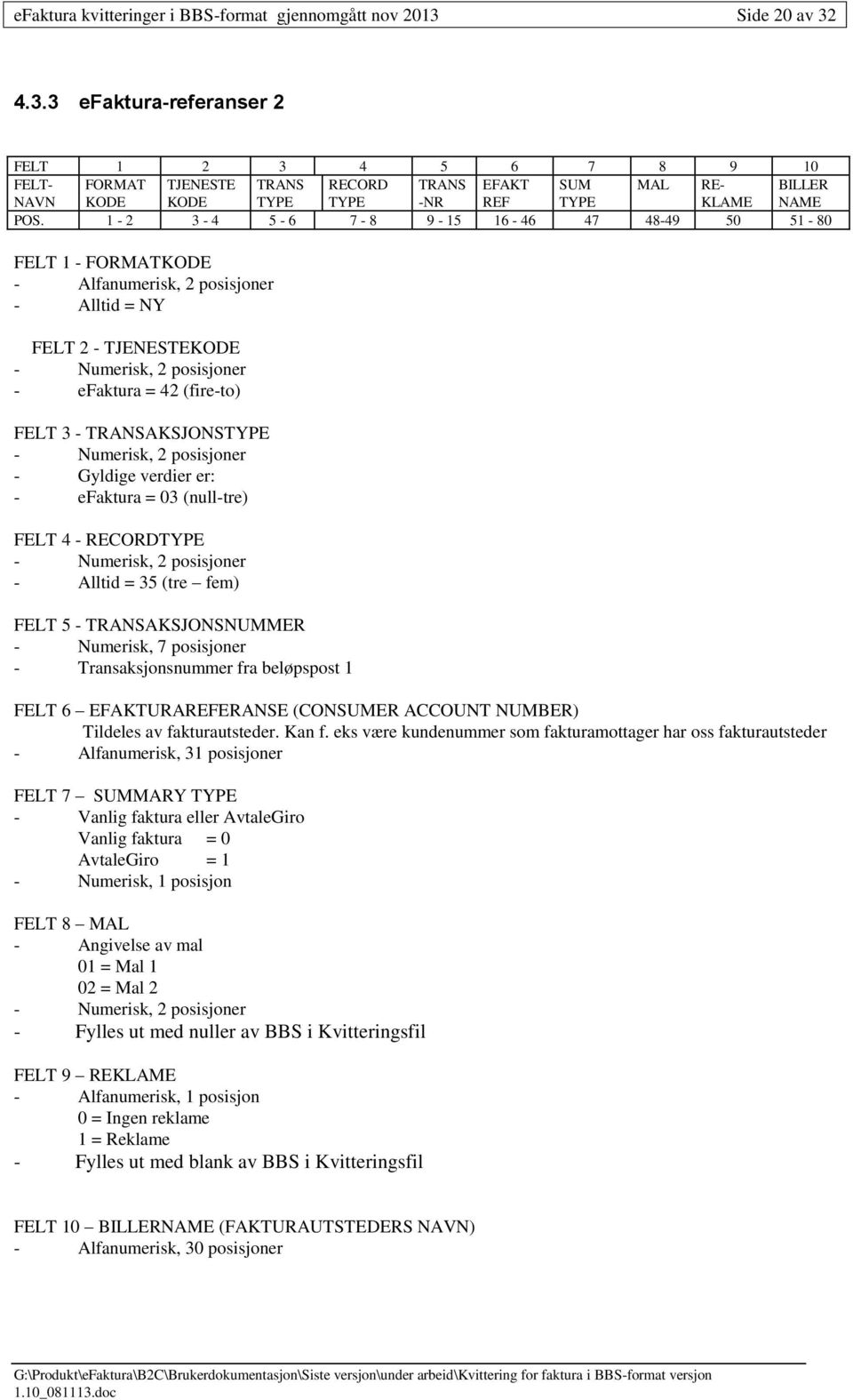 1-2 3-4 5-6 7-8 9-15 16-46 47 48-49 50 51-80 FELT 1 - FORMATKODE - Alfanumerisk, 2 posisjoner - Alltid = NY FELT 2 - TJENESTEKODE - efaktura = 42 (fire-to) FELT 3 - TRANSAKSJONSTYPE - Gyldige verdier