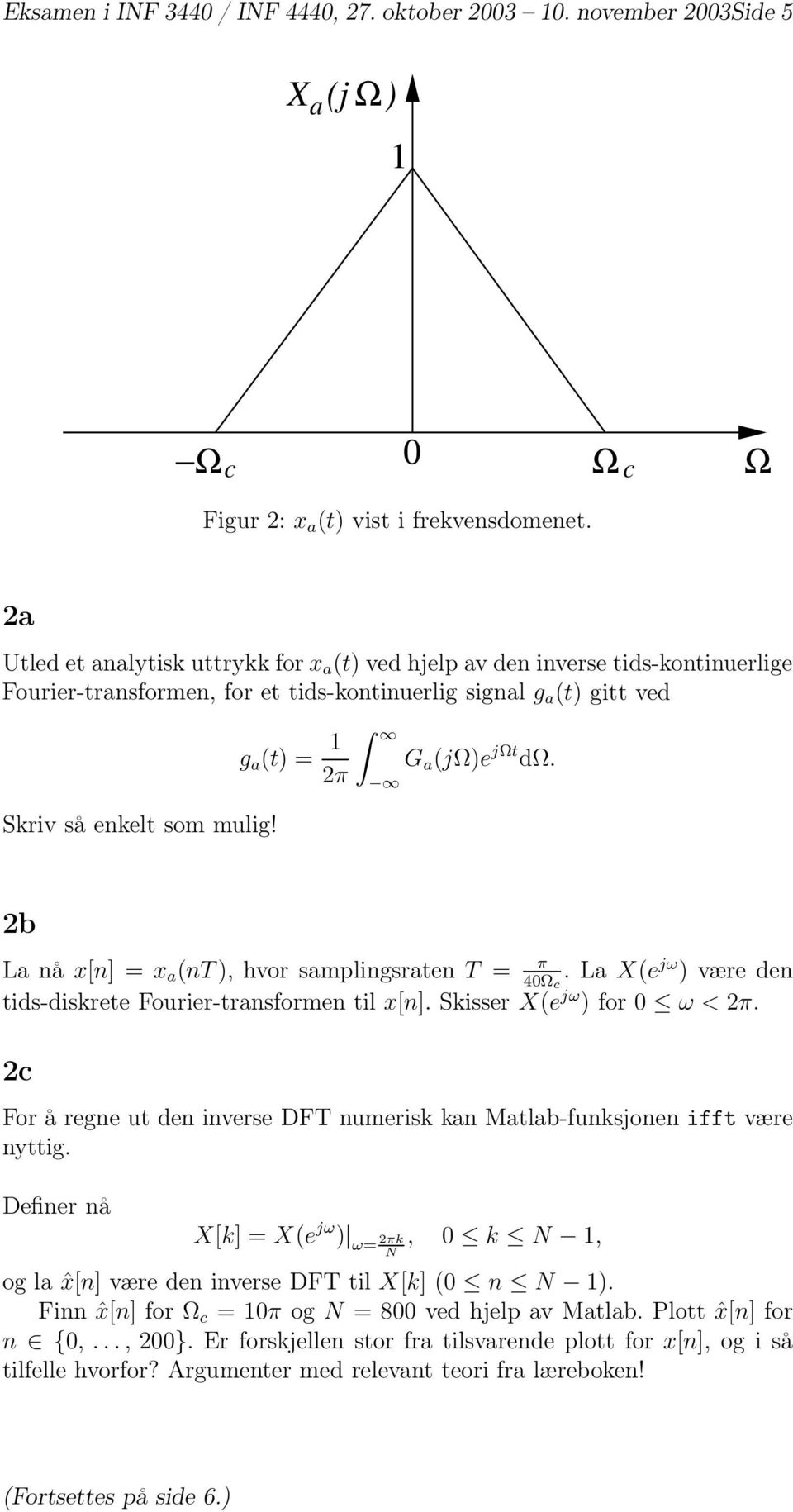 g a (t) = 1 2π G a (jω)e jωt dω. 2b La nå x[n] =x a (nt ), hvor samplingsraten T = π 40Ω c.lax(e jω ) være den tids-diskrete Fourier-transformen til x[n]. Skisser X(e jω ) for 0 ω<2π.