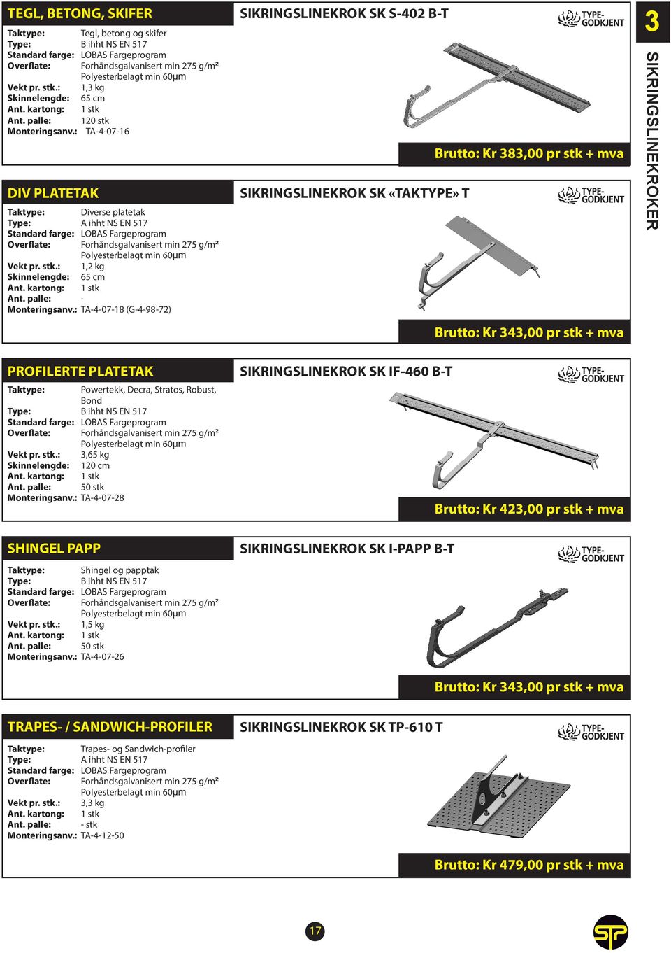 : TA-4-07-18 (G-4-98-72) PROFILERTE PLATETAK Powertekk, Decra, Stratos, Robust, Bond Type: B ihht NS EN 517 Standard farge: LOBAS Fargeprogram Vekt pr. stk.: 3,65 kg Skinnelengde: 120 cm Ant.