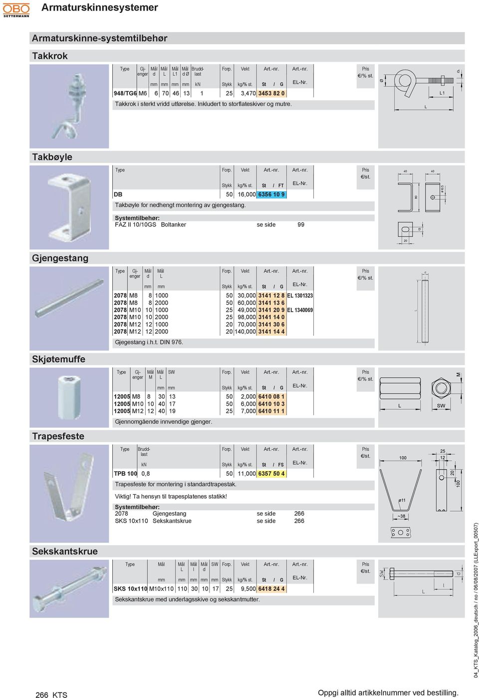 Systemtilbehør: FAZ II 1010GS Boltanker se side 99 Gjengestang Gjenger d 2078 M8 8 1000 50 30,000 3141 12 8 E 1301323 2078 M8 8 2000 50 60,000 3141 13 6 2078 M10 10 1000 25 49,000 3141 20 9 E 1340069