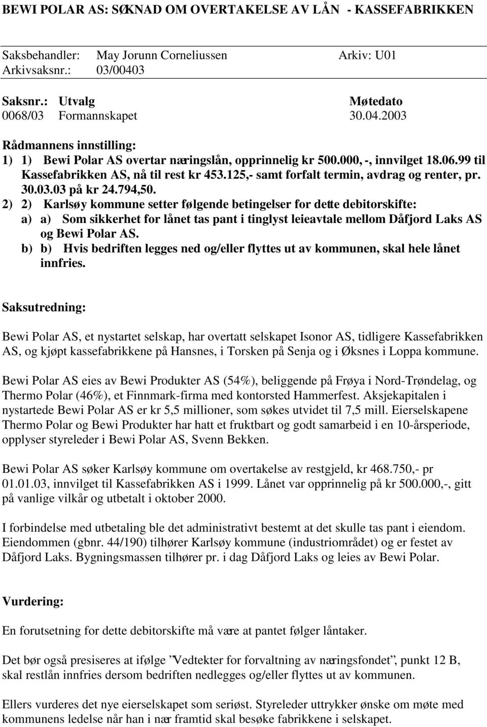 125,- samt forfalt termin, avdrag og renter, pr. 30.03.03 på kr 24.794,50.