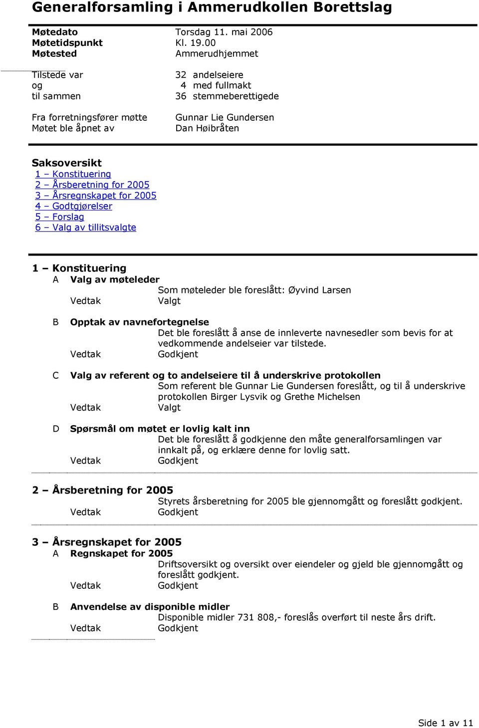 1 Konstituering 2 Årsberetning for 2005 3 Årsregnskapet for 2005 4 Godtgjørelser 5 Forslag 6 Valg av tillitsvalgte [Høyreklikk i saksoversikten og velg "oppdater felt" for å oppdatere listen] 1