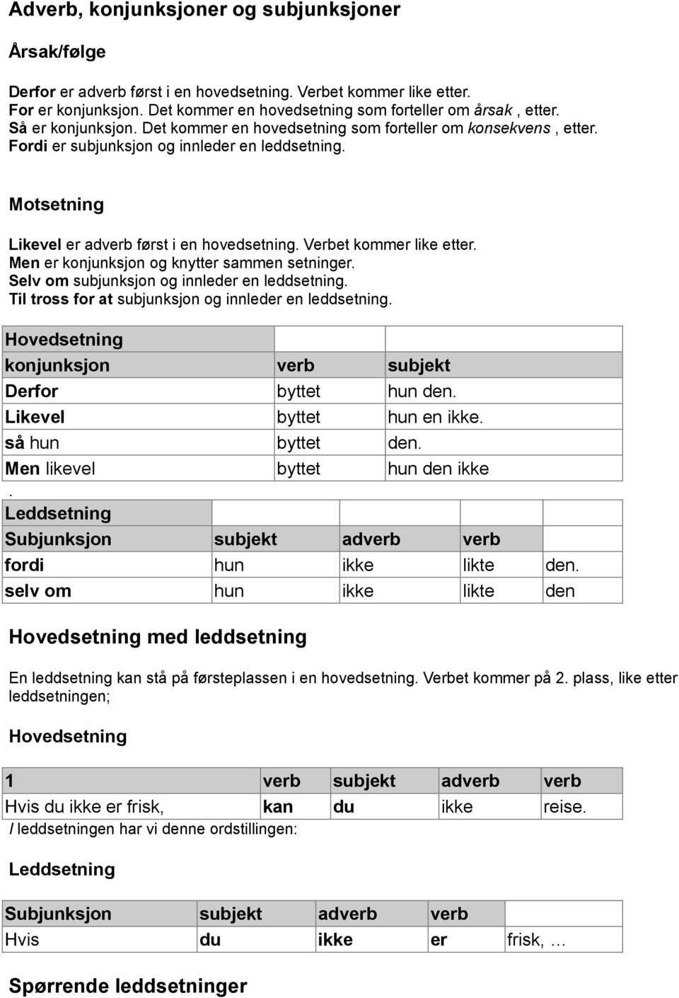 Verbet kommer like etter. Men er konjunksjon og knytter sammen setninger. Selv om subjunksjon og innleder en leddsetning. Til tross for at subjunksjon og innleder en leddsetning.