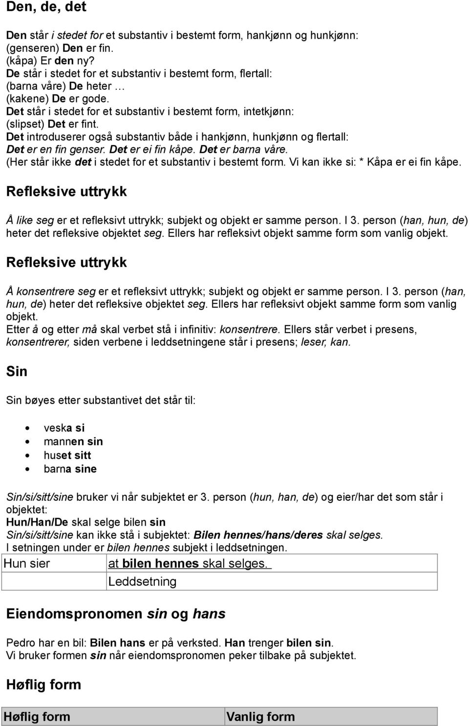 Det introduserer også substantiv både i hankjønn, hunkjønn og flertall: Det er en fin genser. Det er ei fin kåpe. Det er barna våre. (Her står ikke det i stedet for et substantiv i bestemt form.