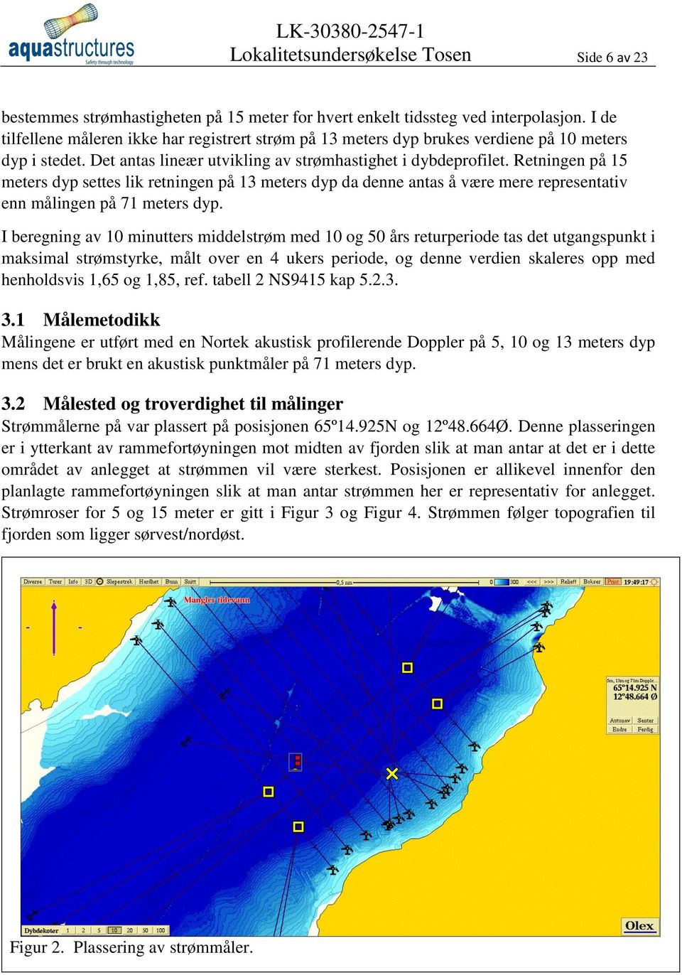 Retningen på 15 meters dyp settes lik retningen på 13 meters dyp da denne antas å være mere representativ enn målingen på 71 meters dyp.