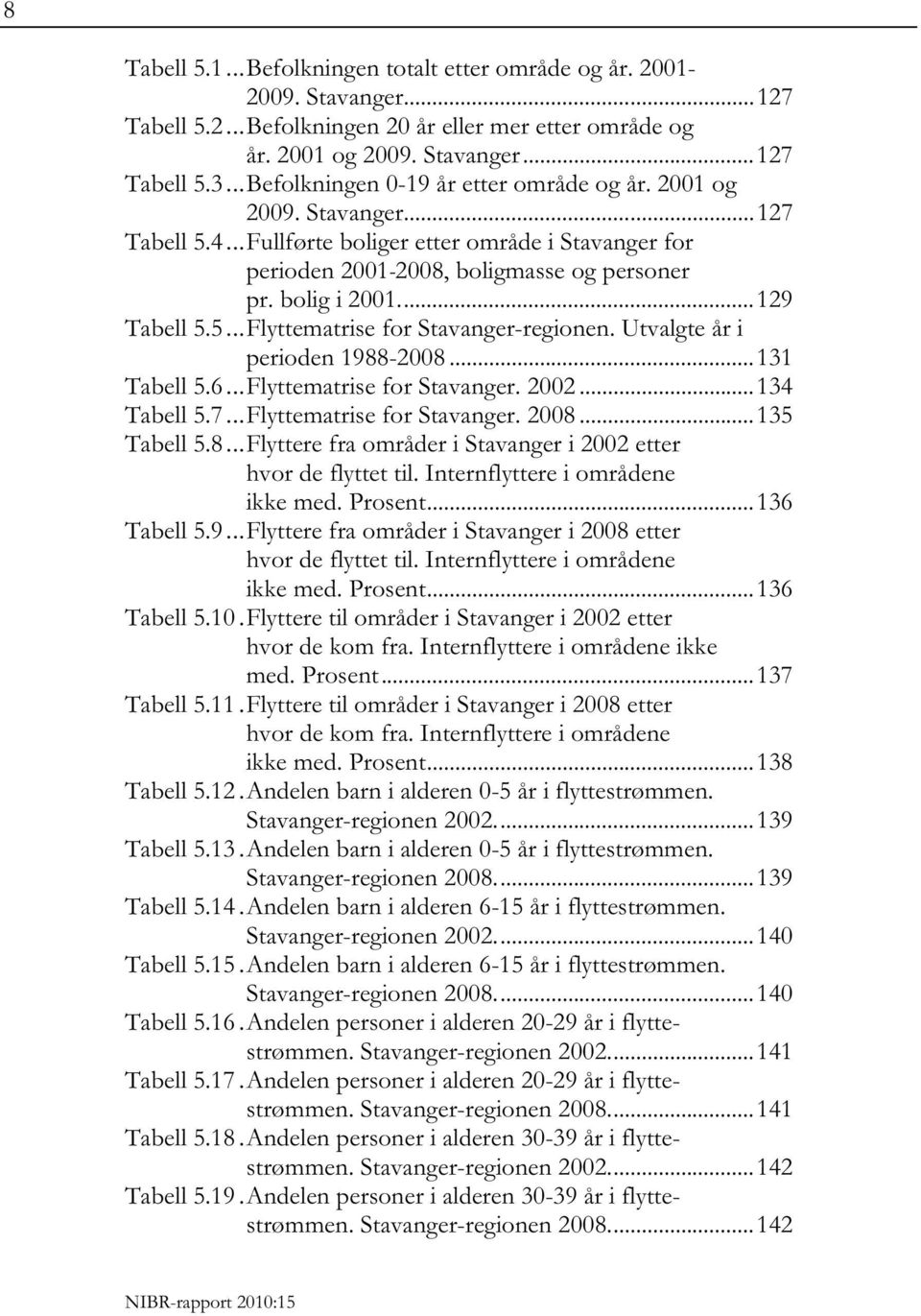 ... 129 Tabell 5.5... Flyttematrise for Stavanger-regionen. Utvalgte år i perioden 1988-2008... 131 Tabell 5.6... Flyttematrise for Stavanger. 2002... 134 Tabell 5.7... Flyttematrise for Stavanger. 2008.