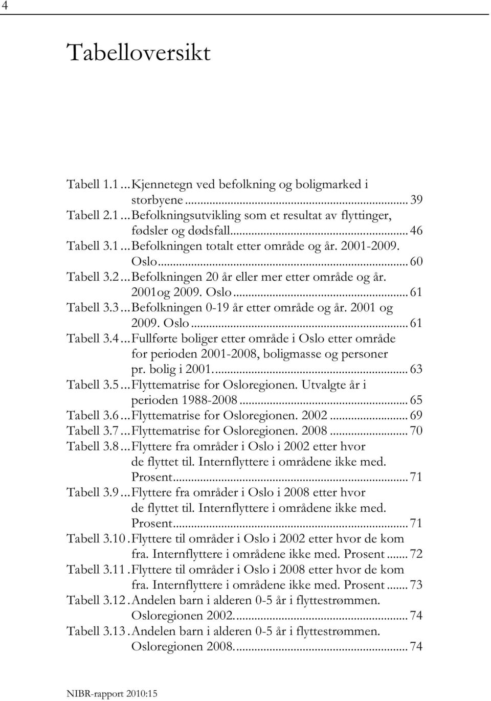 .. Fullførte boliger etter område i Oslo etter område for perioden 2001-2008, boligmasse og personer pr. bolig i 2001.... 63 Tabell 3.5... Flyttematrise for Osloregionen.