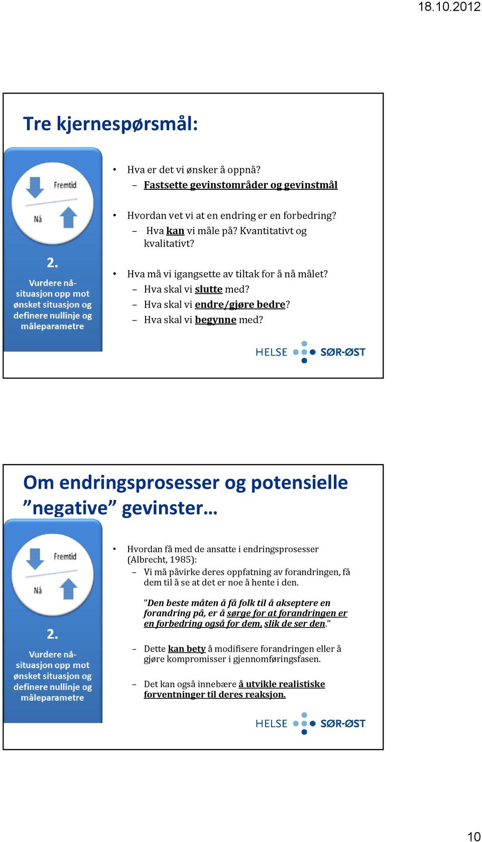 Om endringsprosesser og potensielle negative gevinster Hvordan få med de ansatte i endringsprosesser (Albrecht, 1985): Vi må påvirke deres oppfatning av forandringen, få dem til å se at det er noe å