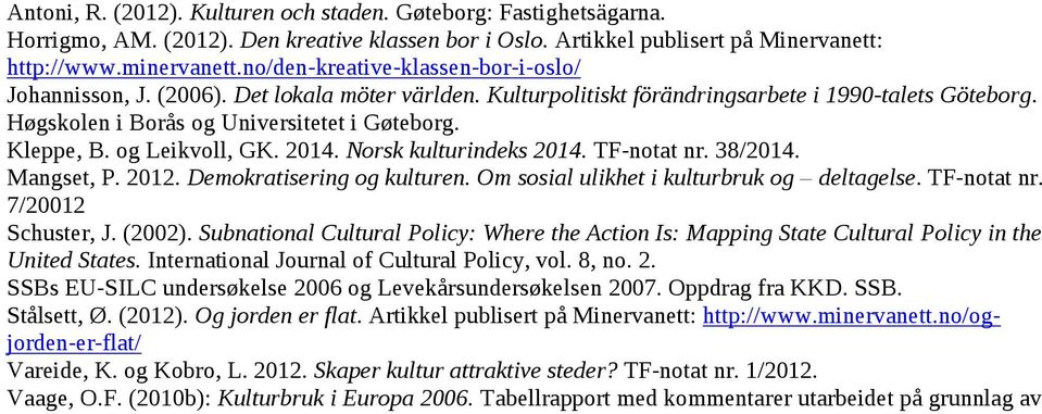 Kleppe, B. og Leikvoll, GK. 2014. Norsk kulturindeks 2014. TF-notat nr. 38/2014. Mangset, P. 2012. Demokratisering og kulturen. Om sosial ulikhet i kulturbruk og deltagelse. TF-notat nr. 7/20012 Schuster, J.