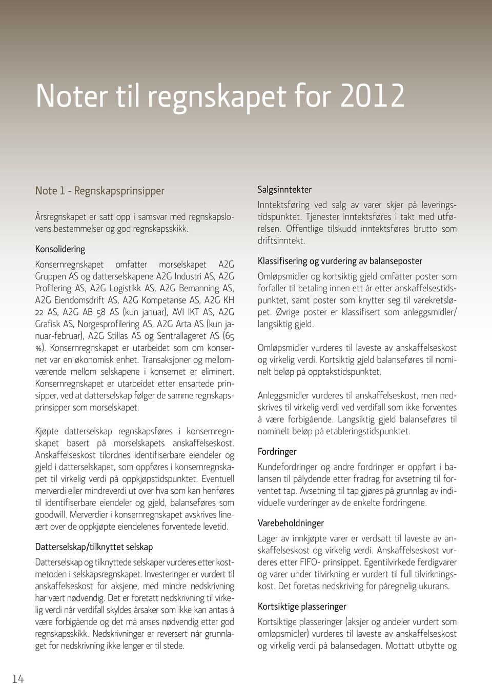 Konsolidering Konsernregnskapet omfatter morselskapet A2G Gruppen AS og datterselskapene A2G Industri AS, A2G Profilering AS, A2G Logistikk AS, A2G Bemanning AS, A2G Eiendomsdrift AS, A2G Kompetanse