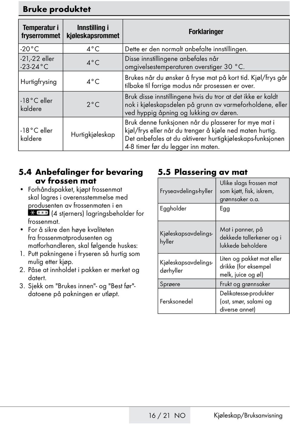 Kjøl/frys går Hurtigfrysing 4 C tilbake til forrige modus når prosessen er over.