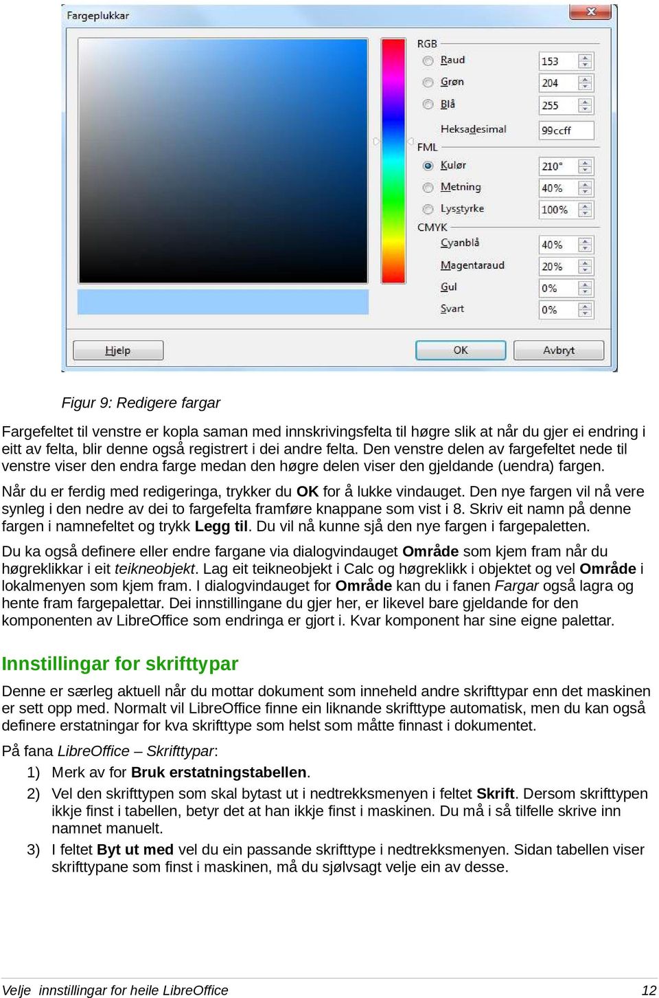 Når du er ferdig med redigeringa, trykker du OK for å lukke vindauget. Den nye fargen vil nå vere synleg i den nedre av dei to fargefelta framføre knappane som vist i 8.