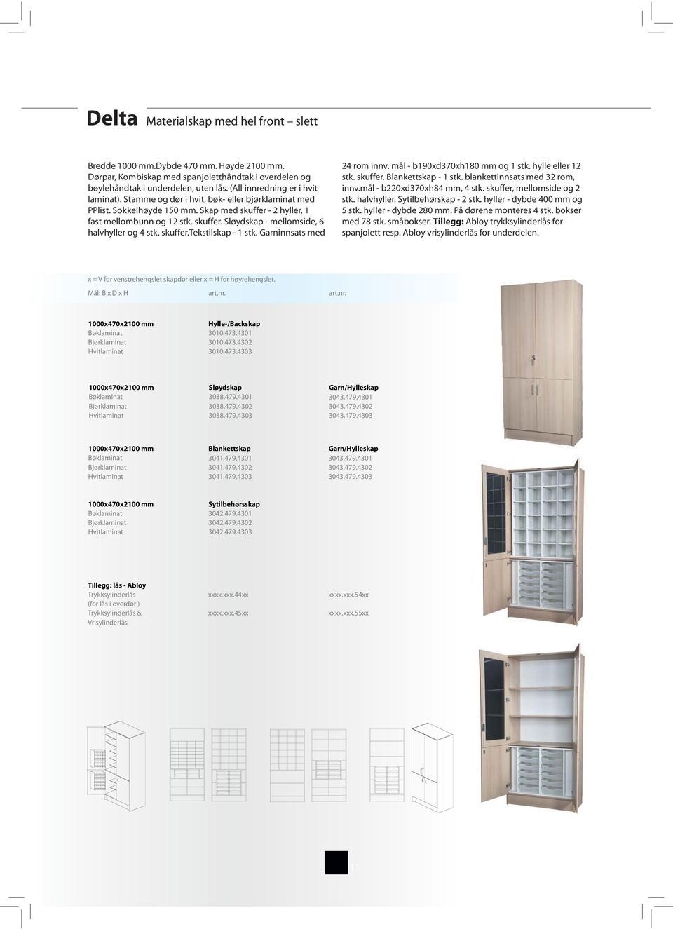 skuffer.tekstilskap - 1 stk. Garninnsats med 24 rom innv. mål - b190xd370xh180 mm og 1 stk. hylle eller 12 stk. skuffer. Blankettskap - 1 stk. blankettinnsats med 32 rom, innv.