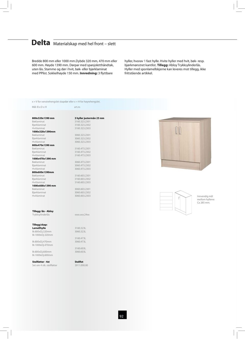 Tillegg: Abloy Trykksylinderlås. Hyller med sponlamellskjerne kan leveres mot tillegg, ikke frittstående artikkel. Mål: B x D x H art.nr.