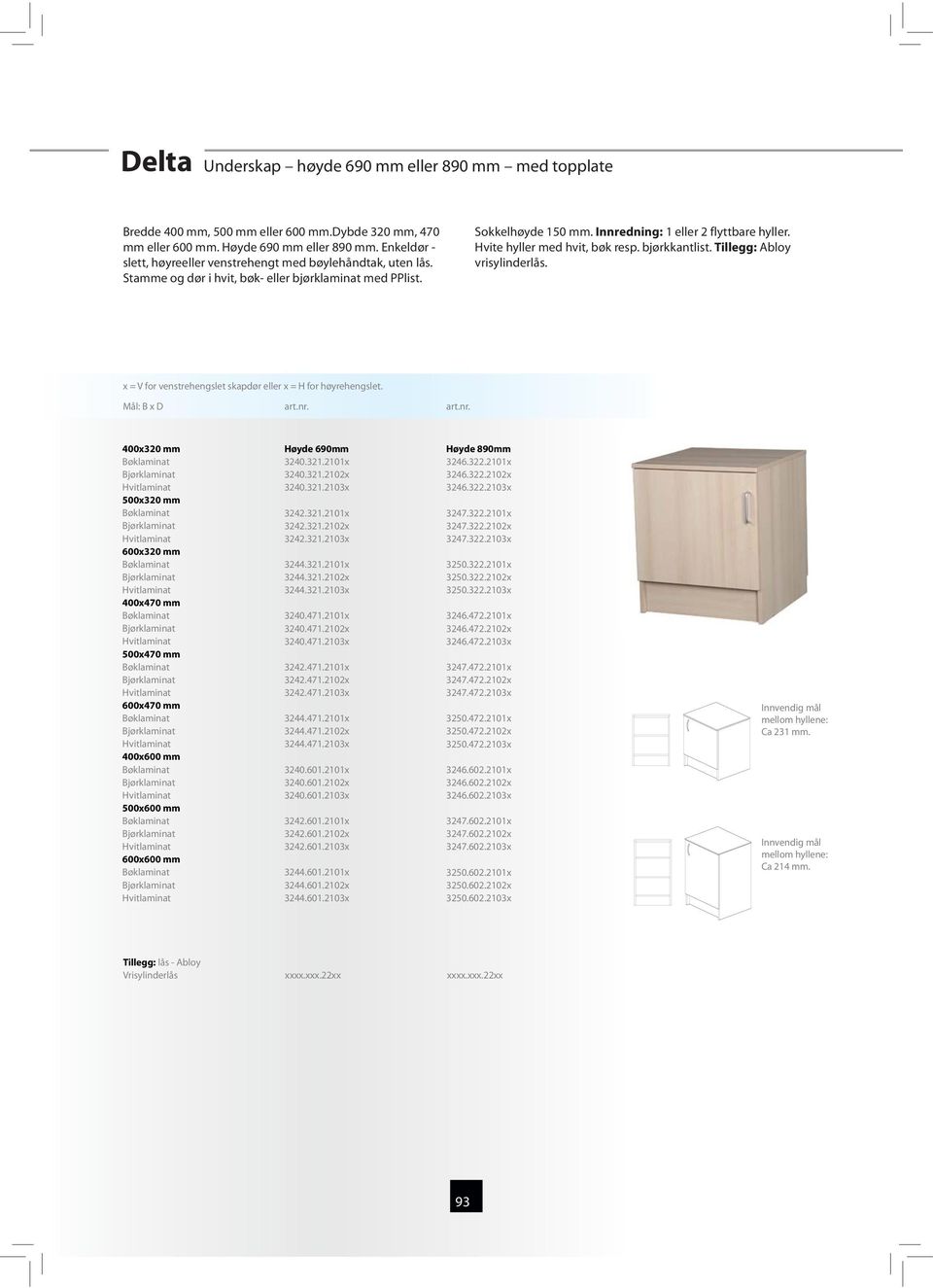 Hvite hyller med hvit, bøk resp. bjørkkantlist. Tillegg: Abloy vrisylinderlås. 400x320 mm 500x320 mm 600x320 mm 400x470 mm 500x470 mm 600x470 mm 400x600 mm 500x600 mm 600x600 mm Høyde 690mm 3240.321.