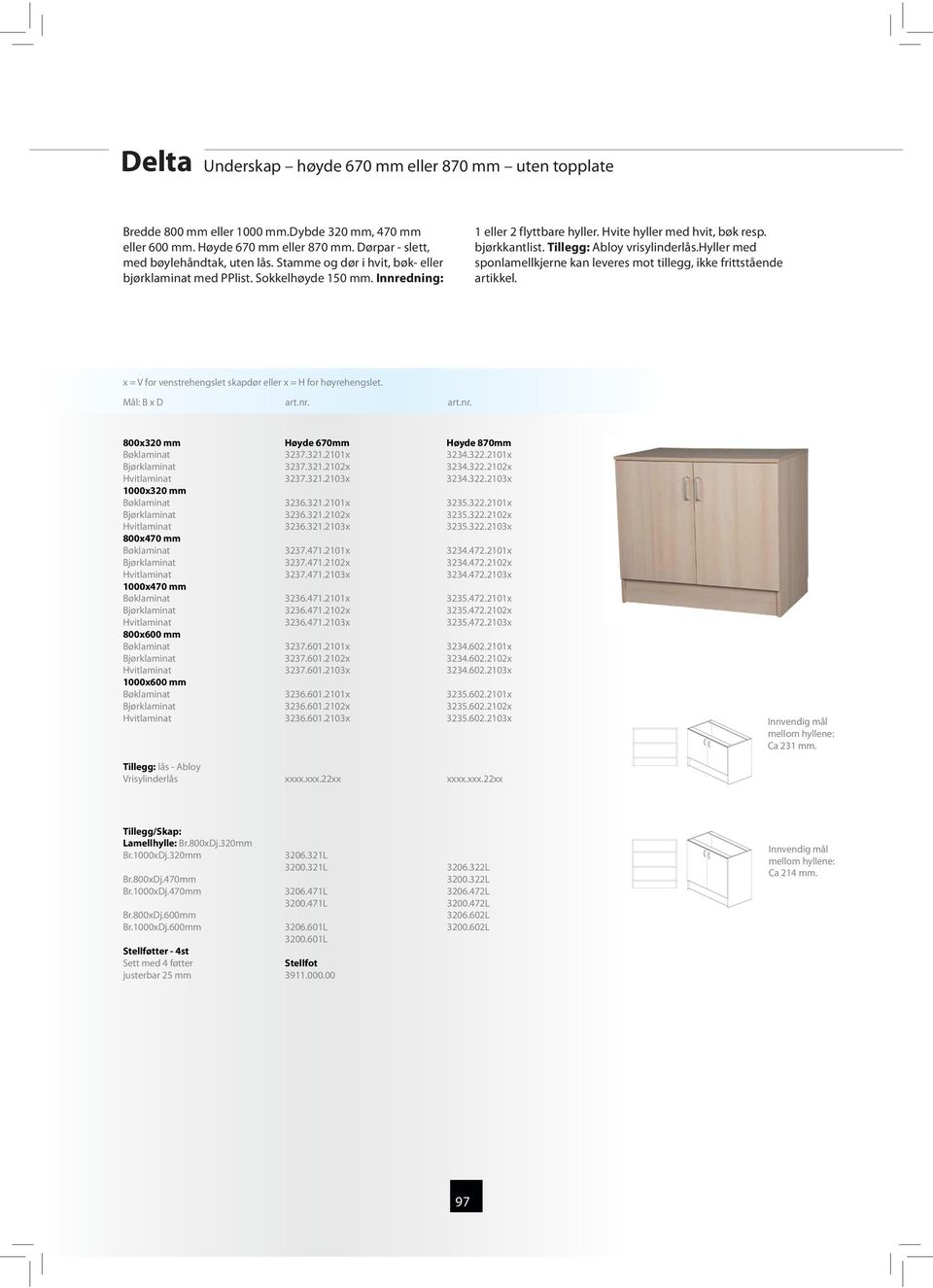 hyller med sponlamellkjerne kan leveres mot tillegg, ikke frittstående artikkel. 800x320 mm 1000x320 mm 800x470 mm 1000x470 mm 800x600 mm 1000x600 mm Høyde 670mm 3237.321.2101x 3237.321.2102x 3237.