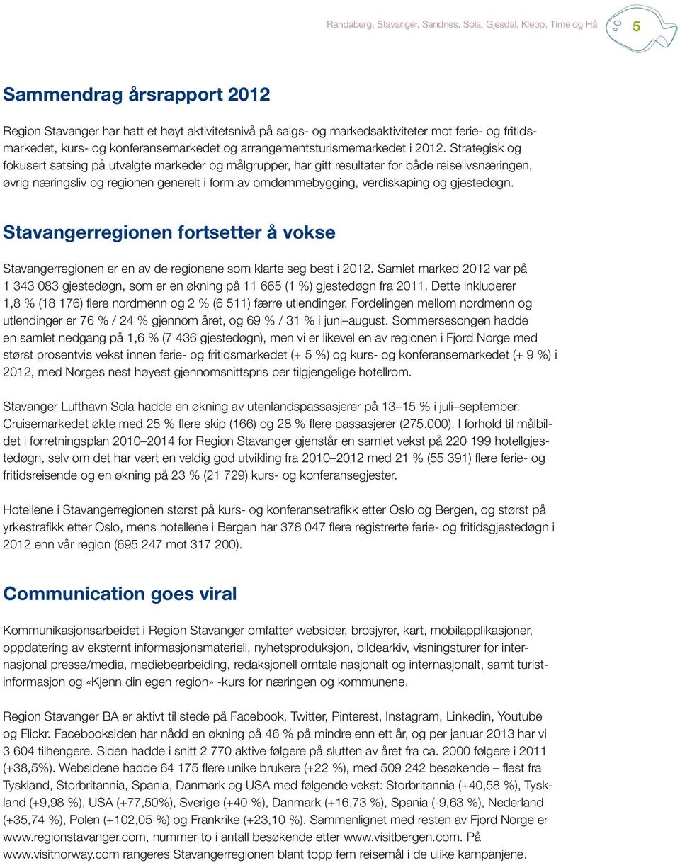 og gjestedøgn. Stavangerregionen fortsetter å vokse Stavangerregionen er en av de regionene som klarte seg best i 2012.