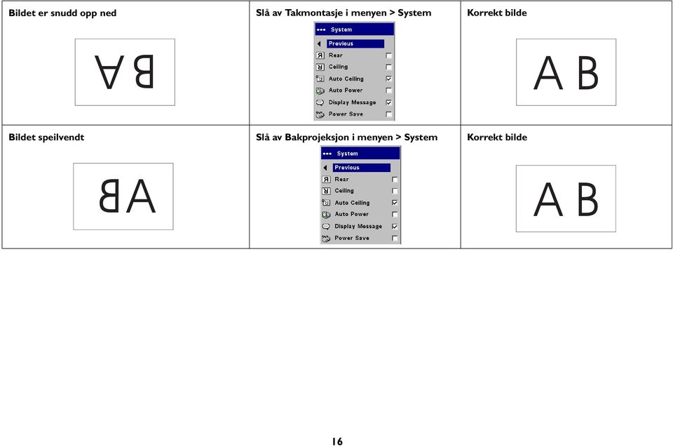 bilde B A AB Bildet speilvendt Slå av