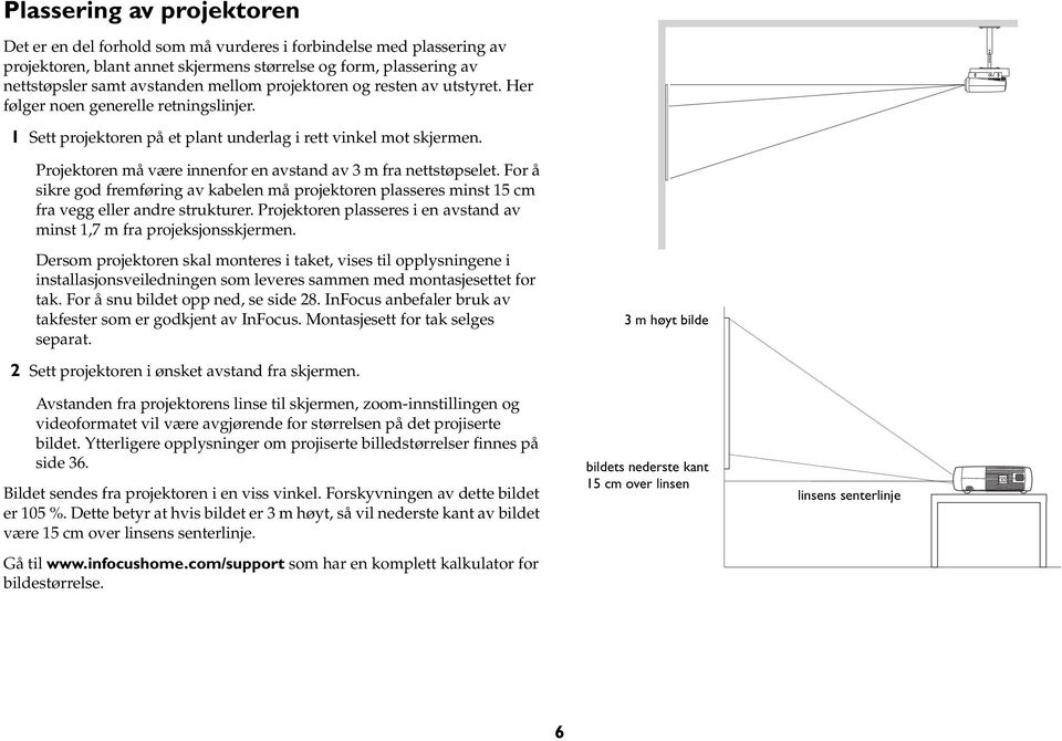 Projektoren må være innenfor en avstand av 3 m fra nettstøpselet. For å sikre god fremføring av kabelen må projektoren plasseres minst 15 cm fra vegg eller andre strukturer.