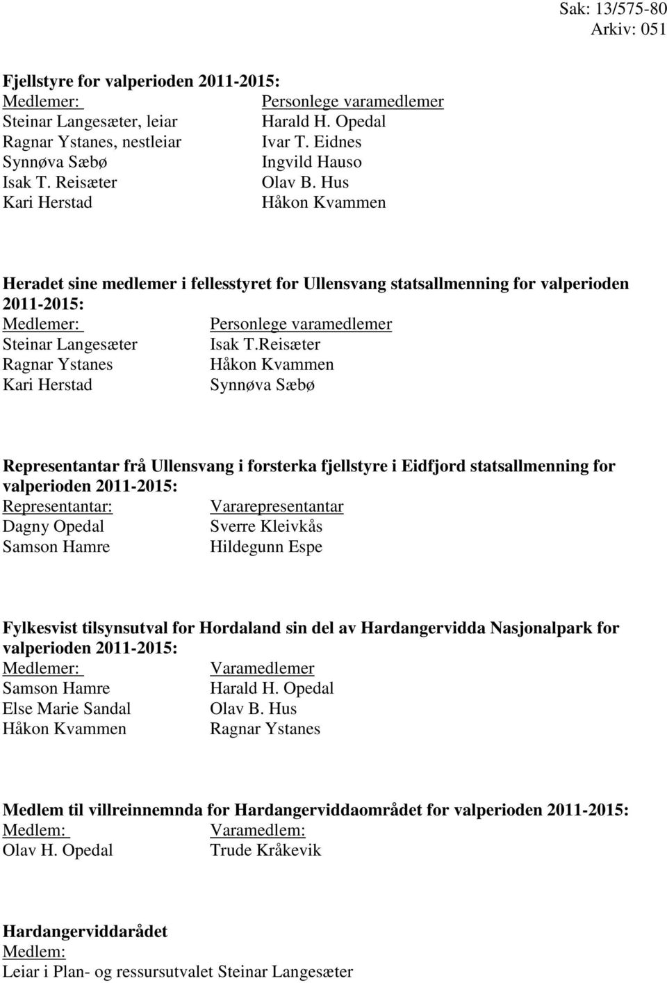 Reisæter Ragnar Ystanes Håkon Kvammen Kari Herstad Synnøva Sæbø Representantar frå Ullensvang i forsterka fjellstyre i Eidfjord statsallmenning for valperioden 2011-2015: Representantar: