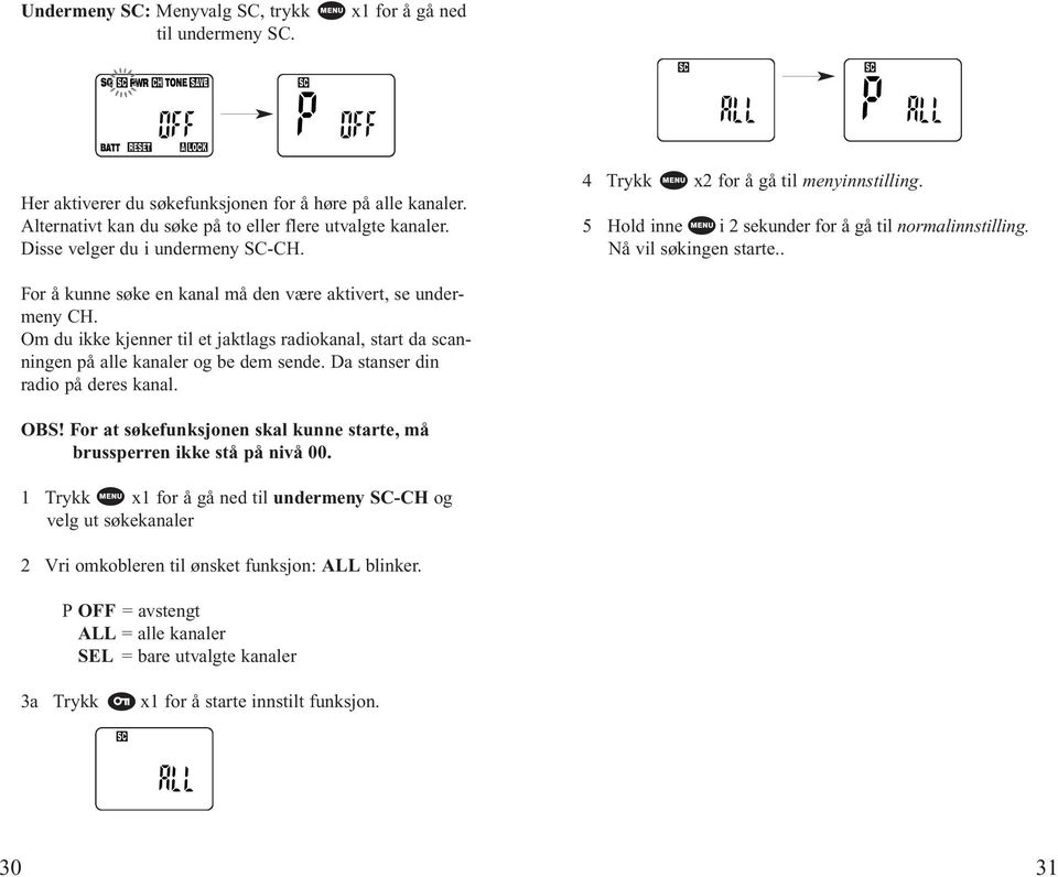 . For å kunne søke en kanal må den være aktivert, se undermeny CH. Om du ikke kjenner til et jaktlags radiokanal, start da scanningen på alle kanaler og be dem sende.