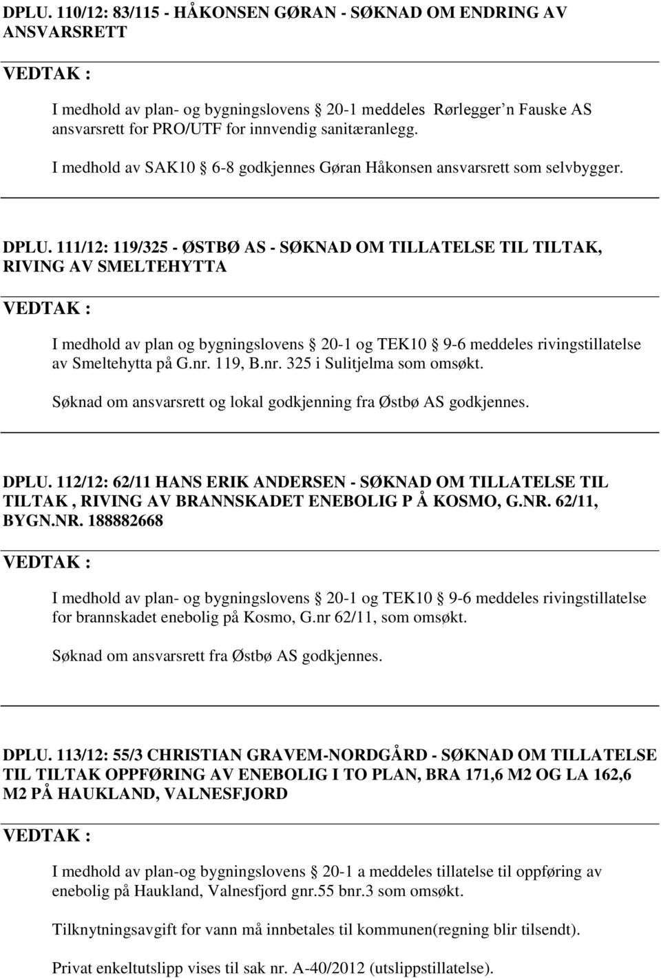 111/12: 119/325 - ØSTBØ AS - SØKNAD OM TILLATELSE TIL TILTAK, RIVING AV SMELTEHYTTA I medhold av plan og bygningslovens 20-1 og TEK10 9-6 meddeles rivingstillatelse av Smeltehytta på G.nr.