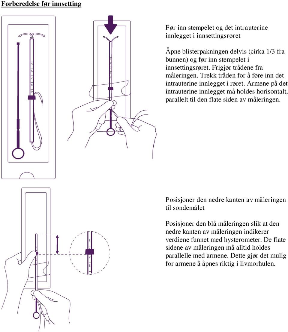Armene på det intrauterine innlegget må holdes horisontalt, parallelt til den flate siden av måleringen.