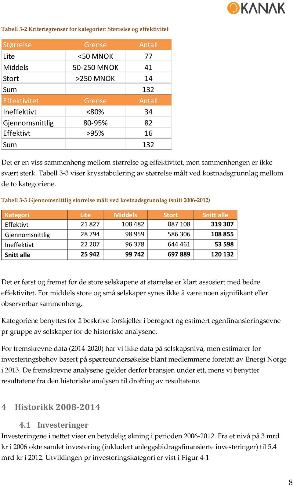 Tabell 3-3 viser krysstabulering av størrelse målt ved kostnadsgrunnlag mellom de to kategoriene.