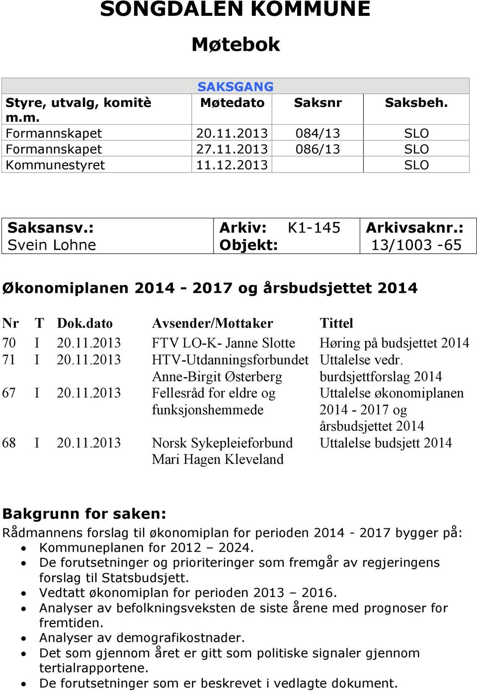 2013 FTV LO-K- Janne Slotte Høring på budsjettet 2014 71 I 20.11.2013 HTV-Utdanningsforbundet Anne-Birgit Østerberg Uttalelse vedr. burdsjettforslag 2014 67 I 20.11.2013 Fellesråd for eldre og funksjonshemmede Uttalelse økonomiplanen 2014-2017 og 68 I 20.